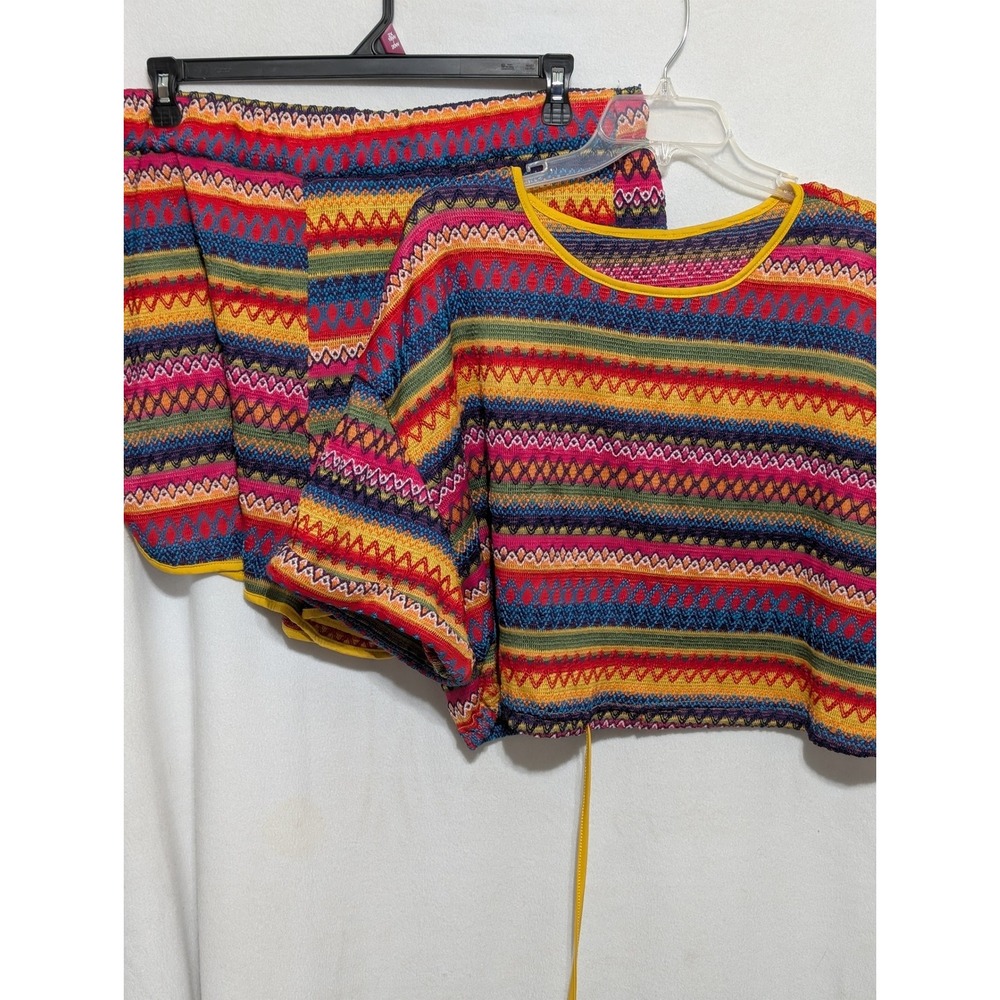 Shein Curve 3XL 2 Piece Set Knit Crop Top and Shorts Multi Color Geometric Boho